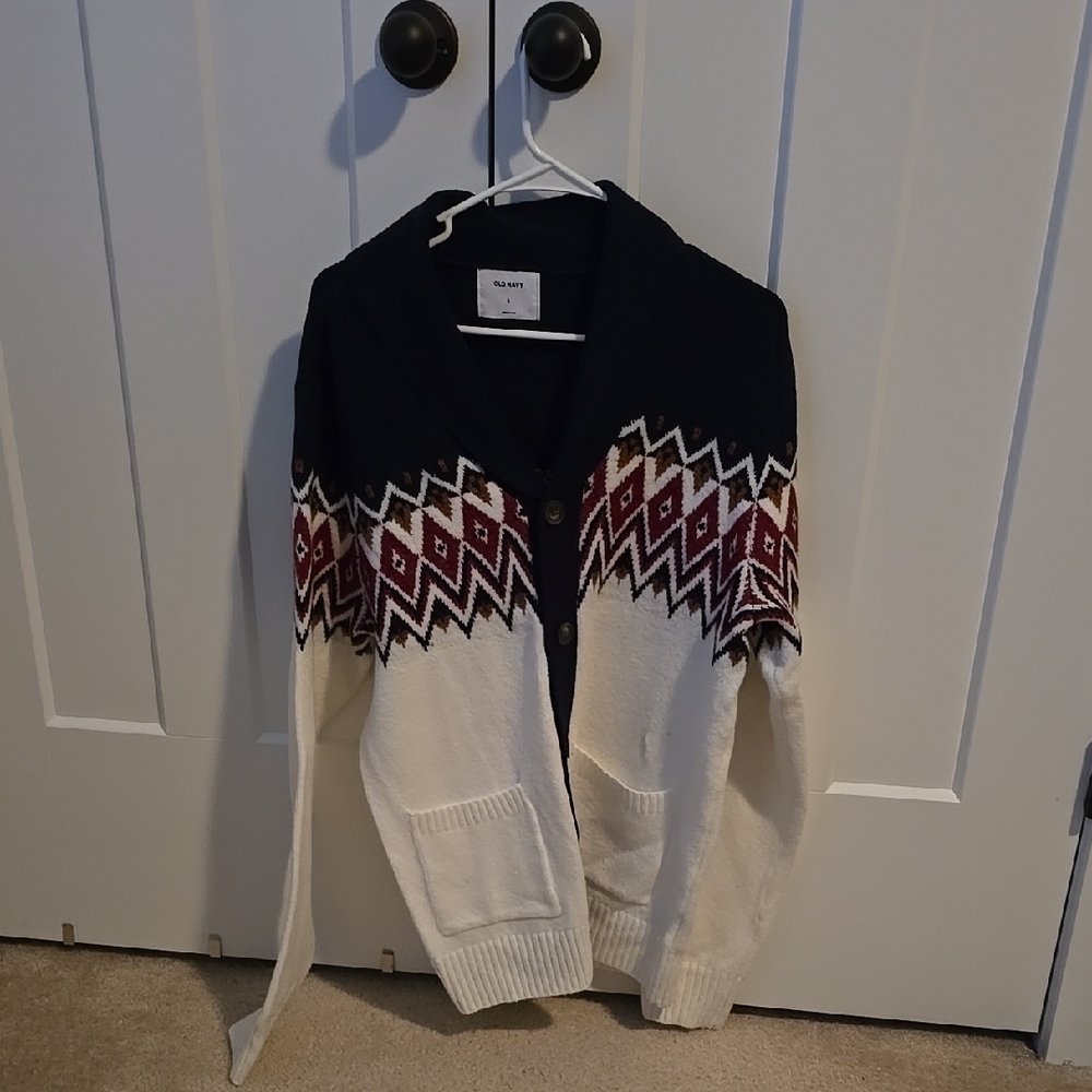 Blue and White Cardigan Sweater with Red Pattern